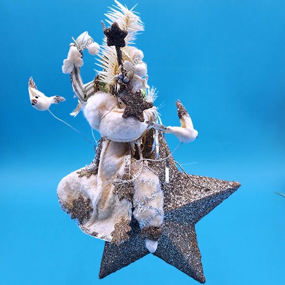 Santa Riding Star Decoration Assemblage Art Artisan Designed Felt Silver Gold - Picture 10 of 11